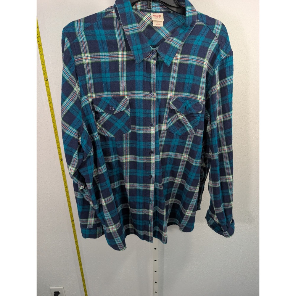 Mossimo Supply Co Womens Teal Navy Blue Plaid Flannel Button Down Shirt Size 3